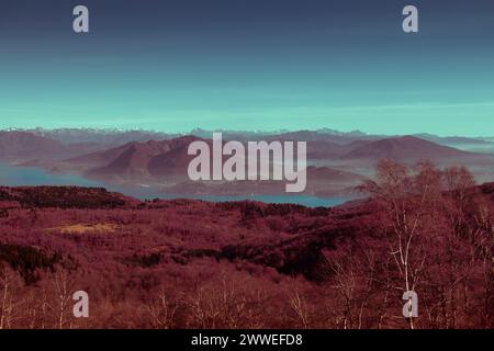 Surrealer Blick vom Mottarone-Berg (Stresa-Seite) an einem Wintermorgen. Der Lago Maggiore im Hintergrund. Piemont - Italien. Stockfoto