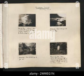 Bonty Bay auf Pitcairn Island zeigt Bootsschuppen, darunter ein Rettungsboot, das 1878 vom Board of Trade vorgestellt wurde, ankommende und abfahrende Boote der Inselbewohner und das Grab von John Adams, das einzige bekannte Begräbnis eines Bounty-Siedlers. Stockfoto