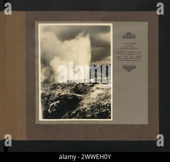 Foto des Pohutu Geysirs im Whakarewarewa Valley, Rotorua, Neuseeland, zeigt geothermische Aktivität, Dampfauslässe, und die umliegende Thermallandschaft. Stockfoto