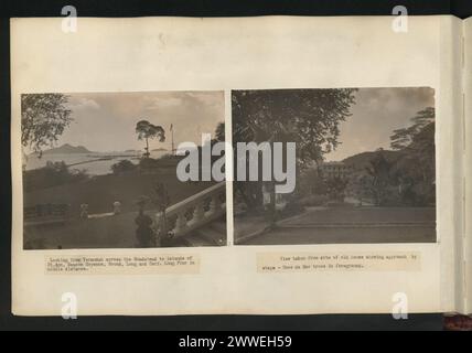 Beschreibung: Blick von Verandah über die Straße zur Insel St. Ann, Beacon Moyenne, rund, lang und Cerf. Long Pier in mittlerer Distanz. Ort: Seychellen Datum: 1900-1929 Beschreibung: Ansicht vom Standort des alten Hauses, die den Weg durch Stufen zeigt - Coco de Mer Bäume im Vordergrund. Ort: Seychellen Datum: 1900-1929 Stockfoto