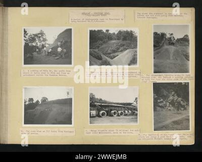 Beschreibung: Melalap - Keningau Road. 1. Ein Schnitt bei Meile 16, von dem aus die Erde gefüllt wird, und von einem Damm über die Namukan-Schlucht. Zwei verschiedene Ansichten. Ort: Borneo Datum: 1929 Beschreibung: Melalap - Keningau Road. 2. Namukeische Schlucht, über die die Böschung halb vollendet ist. (Von der Melalap-Seite) Notieren Sie die Linie des alten Weges im Hintergrund. Ort: Borneo Datum: 1929 Beschreibung: Melalap - Keningau Road. 3. Der Damm, von der Melalap-Seite aus gesehen, und durch einen Abzweig, der mit der Straße verbunden ist, die andere Seite des tanjong (Sporn). Lage: B Stockfoto