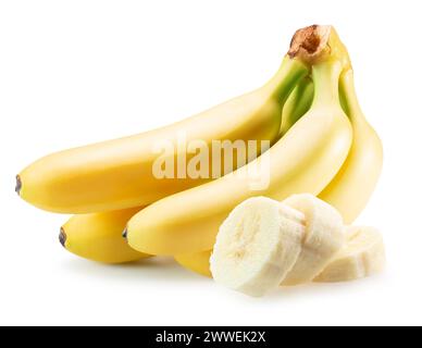 Leckere Bananen mit Scheiben auf weißem Hintergrund. Beschneidungspfad. Stockfoto