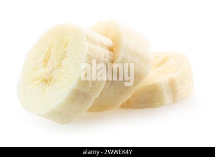 Bananenscheiben isoliert auf weißem Hintergrund. Beschneidungspfad. Stockfoto