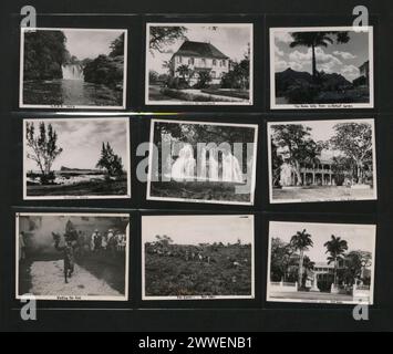 Fotos von mehreren Orten in Mauritius während der 1930er Jahre, darunter G.R.S.E. Falls, Chateau de Robillard, Moka Hills aus Le Reduit Garden, Gunner's Quoin, Rochester Falls, Pamplemousses Gardens - Mon Plaisir, Walking the Fire, Tea Gardens - Bois Cheri und Government House Port Louis. Stockfoto