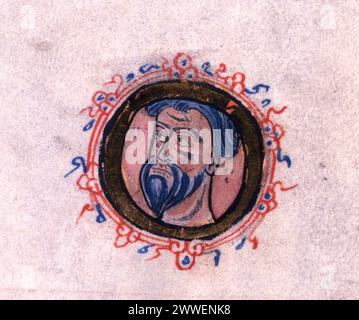 Beleuchtetes Porträt aus dem Jahr 1240, das einen Landbesitzer aus dem 13. Jahrhundert in Kent oder Sussex darstellt. Das Bild stammt aus einer vergoldeten Handschrift, die als „Abbreviatio“ des Domesday Book bekannt ist. Stockfoto