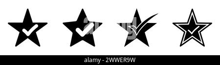 Sternsymbole gesetzt. Schwarzer Stern mit Häkchen. Symbol für beste Prüfung. Vektorabbildung. Stock Vektor