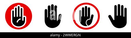 Symbol „Hand stoppen“. Handsymbole. Schwarze Silhouette der Hand in flachem Stil, isoliert auf weißem Hintergrund. Vektorabbildung. Stock Vektor