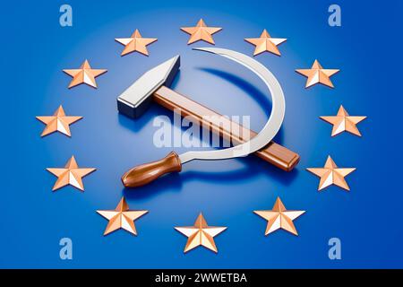 Hammer und Sichel auf die Flagge der Europäischen Union, 3D-Rendering Stockfoto