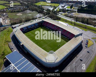 Llanelli, Großbritannien. März 2024. Luftaufnahme des Parc y Scarlets Stadions in Swansea am 23. März 2024. Dieses Bild darf nur für redaktionelle Zwecke verwendet werden. Nur redaktionelle Verwendung. Quelle: Ashley Crowden/Alamy Live News Stockfoto