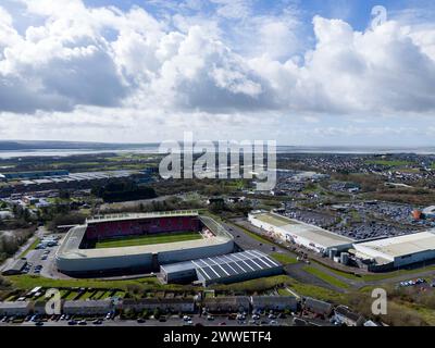 Llanelli, Großbritannien. März 2024. Luftaufnahme des Parc y Scarlets Stadions in Swansea am 23. März 2024. Dieses Bild darf nur für redaktionelle Zwecke verwendet werden. Nur redaktionelle Verwendung. Quelle: Ashley Crowden/Alamy Live News Stockfoto