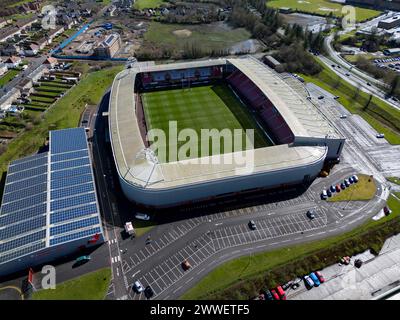 Llanelli, Großbritannien. März 2024. Luftaufnahme des Parc y Scarlets Stadions in Swansea am 23. März 2024. Dieses Bild darf nur für redaktionelle Zwecke verwendet werden. Nur redaktionelle Verwendung. Quelle: Ashley Crowden/Alamy Live News Stockfoto