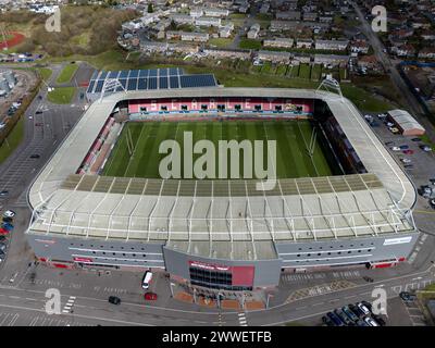 Llanelli, Großbritannien. März 2024. Luftaufnahme des Parc y Scarlets Stadions in Swansea am 23. März 2024. Dieses Bild darf nur für redaktionelle Zwecke verwendet werden. Nur redaktionelle Verwendung. Quelle: Ashley Crowden/Alamy Live News Stockfoto