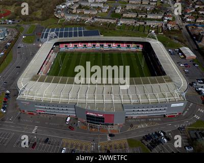 Llanelli, Großbritannien. März 2024. Luftaufnahme des Parc y Scarlets Stadions in Swansea am 23. März 2024. Dieses Bild darf nur für redaktionelle Zwecke verwendet werden. Nur redaktionelle Verwendung. Quelle: Ashley Crowden/Alamy Live News Stockfoto