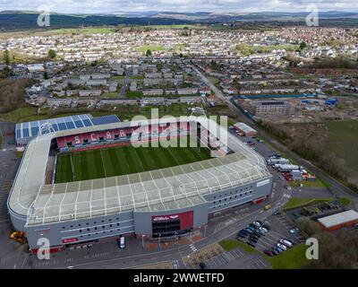 Llanelli, Großbritannien. März 2024. Luftaufnahme des Parc y Scarlets Stadions in Swansea am 23. März 2024. Dieses Bild darf nur für redaktionelle Zwecke verwendet werden. Nur redaktionelle Verwendung. Quelle: Ashley Crowden/Alamy Live News Stockfoto