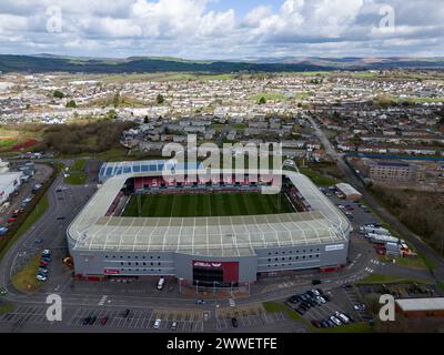 Llanelli, Großbritannien. März 2024. Luftaufnahme des Parc y Scarlets Stadions in Swansea am 23. März 2024. Dieses Bild darf nur für redaktionelle Zwecke verwendet werden. Nur redaktionelle Verwendung. Quelle: Ashley Crowden/Alamy Live News Stockfoto