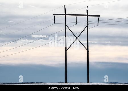 Isolierter hölzerner Strommast mit langen Kabeln, die bei Abendlicht Strom transportieren, mit Blick auf die Winterwiesen unter einem kalten, farbigen Himmel in Alberta Stockfoto