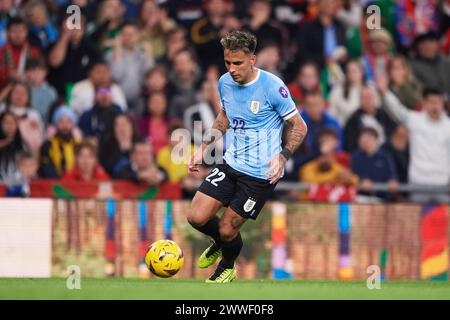 Bilbao, Spanien. März 2024. Rodrigo Zalazar von Uruguay mit dem Ball während des Freundschaftsspiels Pais Vasco gegen Uruguay am 23. März 2024 in Bilbao, Spanien. Credit: Cesar Ortiz Gonzalez/Alamy Live News Credit: Cesar Ortiz Gonzalez/Alamy Live News Stockfoto