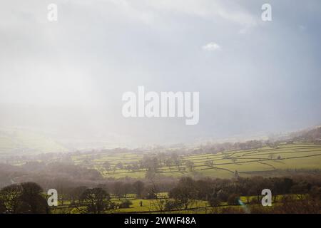 Neblige Landschaft mit sonnendurchfluteten Feldern und verstreuten Bäumen unter einem trüben Himmel bei Brimham Rocks in North Yorkshire Stockfoto