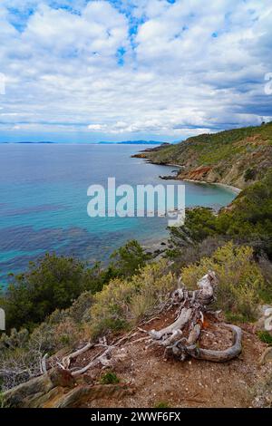 Blick auf die Landschaft von Cap Benat, einem kap am Mittelmeer in Bormes-les-Mimosas in der Nähe von Le Lavandou an der französischen Riviera Cote d’Azur Stockfoto