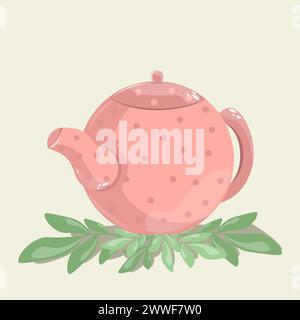 Rosafarbene Teekanne mit Punktmuster. Eine Teekanne für heiße Getränke. Keramikutensil zum Kochen von Wasser für Tee und Kaffee. Comic Flat Vektor Stock Vektor