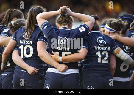 Cardiff, Großbritannien. März 2024. Cardiff, Wales, 23. März 2024 Scottish Huddle beim Womens Six Nations Rugby Spiel zwischen Wales und Schottland im Cardiff Arms Park in Cardiff Wales. (B.East/SPP) Credit: SPP Sport Press Photo. /Alamy Live News Stockfoto