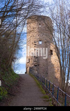 Steiler Weg mit blauem Geländer vom Schlosshotel hinauf zur Ruine der Burg Volmarstein, Reste eines Turms auf der rechten Seite, Äste und Grün Stockfoto