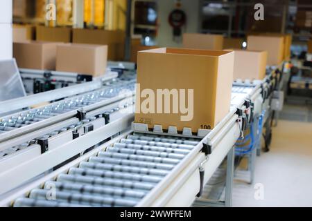 Kartons für den Versand auf einem Förderband in einem Logistikzentrum in Köln, Nordrhein-Westfalen, Deutschland Stockfoto