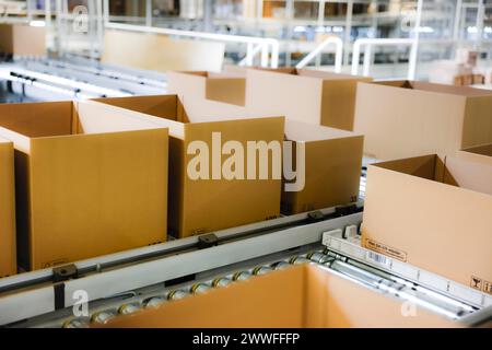 Kartons für den Versand auf einem Förderband in einem Logistikzentrum in Köln, Nordrhein-Westfalen, Deutschland Stockfoto