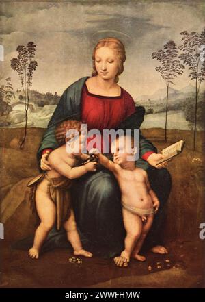 Raphaels „Madonna vom Goldfink“ (um 1506): Dieses Gemälde in den Uffizien in Florenz zeigt die Jungfrau Maria mit dem Christuskind und Johannes dem Täufer als Kind, der einen Goldfinken hält, der die zukünftige Passion Christi symbolisiert. Raphaels Komposition wird für seine ruhige Schönheit und harmonische Balance gefeiert, was seine Beherrschung von Farbe und Form veranschaulicht. Die Figuren sind in einer zarten, kreisförmigen Umarmung miteinander verbunden, die das Thema der göttlichen und menschlichen Liebe betont. Stockfoto