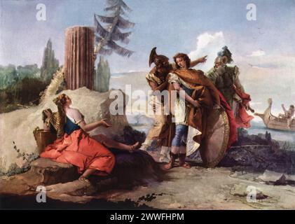 Giovanni Battista Tiepolos „Rinaldo nimmt Abschied von Armida“ (ca. 1757): Dieses Gemälde ist Teil einer Serie, die Szenen aus Torquato Tassos epischem Gedicht „Jerusalem geliefert“ illustriert, und befindet sich im Art Institute of Chicago. Es zeigt den Moment, in dem Rinaldo, ein christlicher Ritter, Armida verlässt, eine Zauberin, die ihn mit Liebe verstrickt hatte, um ihn von seinem Kreuzzug abzuhalten. Stockfoto