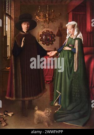 Jan van Eycks „Arnolfini Portrait“ (1434): In der National Gallery in London zeigt dieses Gemälde Giovanni Arnolfini und seine Frau in ihrem Haus. Van Eyck ist berühmt für seine Details und Realismus und verwendet Ölfarbe, um Texturen und Reflexionen einzufangen und fortschrittliche Techniken der nördlichen Renaissance zu zeigen. Das Werk ist reich an Symbolismus und spiegelt das Leben und die sozialen Gebräuche des 15. Jahrhunderts wider. Stockfoto