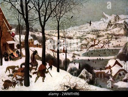 Pieter Brueghel der ältere's Jäger im Schnee (um 1565): Dieses Gemälde im Kunsthistorischen Museum in Wien ist ein Schlüsselwerk der Renaissance und veranschaulicht den Wandel hin zu detaillierten Landschaften und Genres. Als Teil von Brueghels Serie on the Seasons zeigt es das Winterleben lebendig und verbindet menschliche Aktivität mit einer weiten, natürlichen Umgebung. Stockfoto