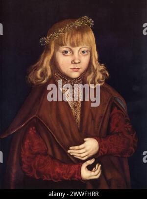 Lucas Cranachs „Porträt eines sächsischen Fürsten“ (um 1517): Das Gemälde in der Gemäldegalerie Dresden fängt einen jungen sächsischen Fürsten ein, wahrscheinlich aus der Kurfürstenfamilie, und zeigt Cranachs Fähigkeit, den Adel mit würde und Detail darzustellen. Cranachs Porträts werden dafür gefeiert, die Persönlichkeit und den Status seiner Sitter zum Leben zu erwecken und damit maßgeblich zum Verständnis der europäischen Aristokratie des 16. Jahrhunderts beizutragen. Stockfoto