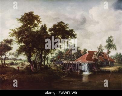 Meindert Hobbemas „die Wassermühle mit dem Großen Roten Dach“ (um 1665): Dieses Gemälde befindet sich in der National Gallery in London und zeigt eine ruhige Landschaft um eine Wassermühle herum, die sich durch ihr leuchtend rotes Dach auszeichnet. Das Gemälde zeigt Hobbemas Geschick, die Ruhe der Landschaft und die Feinheiten der Struktur der Wassermühle festzuhalten und spiegelt den niederländischen Ansatz der Landschaftskunst des 17. Jahrhunderts wider. Stockfoto