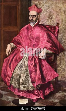 El Grecos „Porträt des Kardinals Nino de Guevara“ (um 1600): Dieses markante Porträt, das im Metropolitan Museum of Art in New York gehalten wird, zeigt Kardinal Nino de Guevara, eine prominente Figur der spanischen Kirche. Dieses Werk veranschaulicht die Fähigkeit des Künstlers, physische Ähnlichkeit mit psychologischer Tiefe zu verbinden, und zeigt seinen Beitrag zur spanischen Renaissance und zur Entwicklung des Porträts. Stockfoto