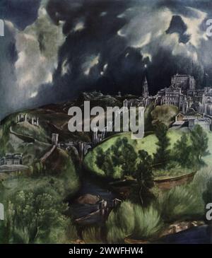 El Greco's 'View of Toledo' (ca. 1596-1600): Dieses Gemälde befindet sich im Metropolitan Museum of Art, New York und zeigt einen Blick auf Toledo unter einem dramatischen Himmel. El Greco verwendet kräftige Farben, um die Stadt und den Himmel hervorzuheben, sodass die Szene intensiv und voller Emotionen wirkt. Stockfoto