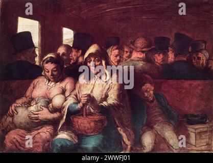 Honoré Daumiers 'die dritte Klasse-Kutsche' (um 1862–1864): Dieses Gemälde ist im Metropolitan Museum of Art in New York untergebracht und stellt eine ergreifende Darstellung des Alltags der Arbeiterklasse dar. Daumier, bekannt für seine sozialen Kommentare, erfasst die engen und düsteren Bedingungen eines Eisenbahnwaggons dritter Klasse mit Empathie und Realismus. Stockfoto