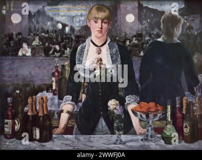 Edouard Manets „A Bar at the Folies-Bergère“ (ca. 1882): Dieses Gemälde in der Courtauld Gallery, London, ist eines der letzten großen Werke Manets und zeigt eine Barfrau im berühmten Pariser Nachtclub Folies-Bergère. Dieses Meisterwerk wird für seine innovative Komposition und Manets geschickte Darstellung des modernen Lebens gefeiert, was einen entscheidenden Moment im Übergang vom Realismus zum Impressionismus markiert. Stockfoto