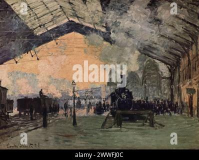 Claude Monets „Gare Saint-Lazare“ (um 1877): Dieses Gemälde ist Teil einer Serie, die in verschiedenen renommierten Institutionen, darunter dem Musée d'Orsay, Paris, ausgestellt wurde. Es fängt die geschäftige Atmosphäre des Bahnhofs Saint-Lazare in Paris ein. Die Serie unterstreicht Monets Interesse am industriellen Fortschritt und seine Fähigkeit, die transienten Effekte von Licht und Atmosphäre, Schlüsselthemen der impressionistischen Bewegung, darzustellen. Stockfoto