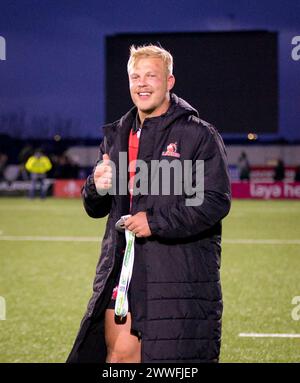 Galway, Irland. März 2024. Spieler des Spiels JC Pretorious nach dem 12. Spiel der BKT United Rugby Championship zwischen Connacht und Emirates Lions im Dexcom Stadium in Galway Credit: Don Soules/Alamy Live News Stockfoto