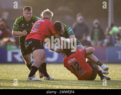 Galway, Irland. März 2024. Tiernan O’Halloran von Connacht, gespielt von Emirates Lions JC Pretorious und Marius Louw Credit: Don Soules/Alamy Live News Stockfoto