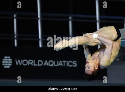 Berlin, Deutschland. März 2024. Lian Junjie aus China tritt am 23. März 2024 beim World Aquatics Diving World Cup 2024 in Berlin an. Quelle: Ren Pengfei/Xinhua/Alamy Live News Stockfoto