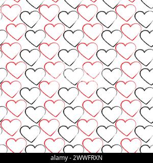 Schwarzes und rotes Herz der Kreidepinselstriche nahtloses Muster abstraktes Hintergrundtexturkonzept. Valentinstag, Weißer und Schwarzer Tag Grußidee. Vektor-Designelemente für Karten, Poster, Banner Stock Vektor