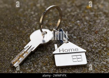 Haussymbol mit silbernen Schlüsseln auf abstraktem Hintergrund. Immobilienkonzept Stockfoto