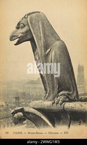 Schwarzweißfotos der grotesken Chimera-Statuen auf dem Dach der Kathedrale Notre Dame in Paris, Frankreich CA. 1885 Stockfoto