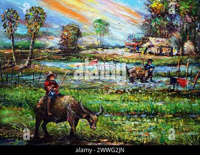 Handgemalte Original-Impressionismus Meisterwerke Malerei Kunst Ölfarbe Malerei Kinder reitend Büffelbauer in den Provinzen in thailand Stockfoto