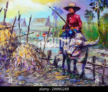 Handgemalte Original-Impressionismus Meisterwerke Malerei Kunst Ölfarbe Malerei Kinder reitend Büffelbauer in den Provinzen in thailand Stockfoto