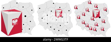 Die Wahlurne vor dem Hintergrund der Landkarte Polens für die Präsidentschaftswahlen im Land. Stock Vektor