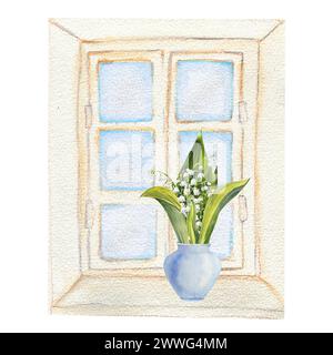 Am Fenster steht ein Strauß von Maiglöckchen in einer weißen Vase, handgezeichnet. Aquarellillustration von Frühlingsblumen. Stockfoto