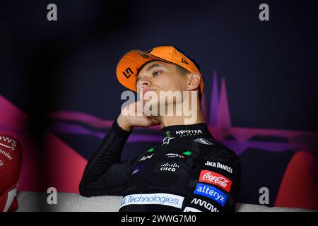 MELBOURNE, AUSTRALIEN, 24. März 2024. 04 Lando Norris (GBR) McLaren Formel-1-Team wurde Dritter beim Großen Preis von Australien, Norris ist hier bei der Pressekonferenz nach dem Rennen beim FIA Formel 1 Rolex Australian Grand Prix 2024 3. Runde vom 22. Bis 24. März auf dem Albert Park Street Circuit in Melbourne, Australien zu sehen. Quelle: Karl Phillipson/Alamy Live News Stockfoto